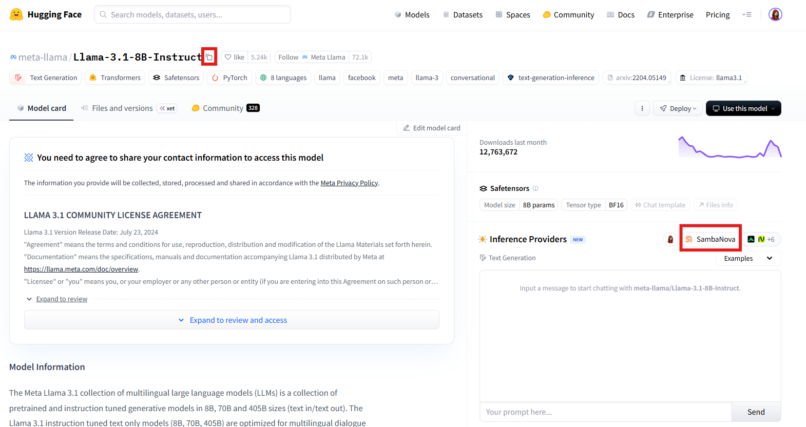 Screenshot of a Hugging Face LLM model page.