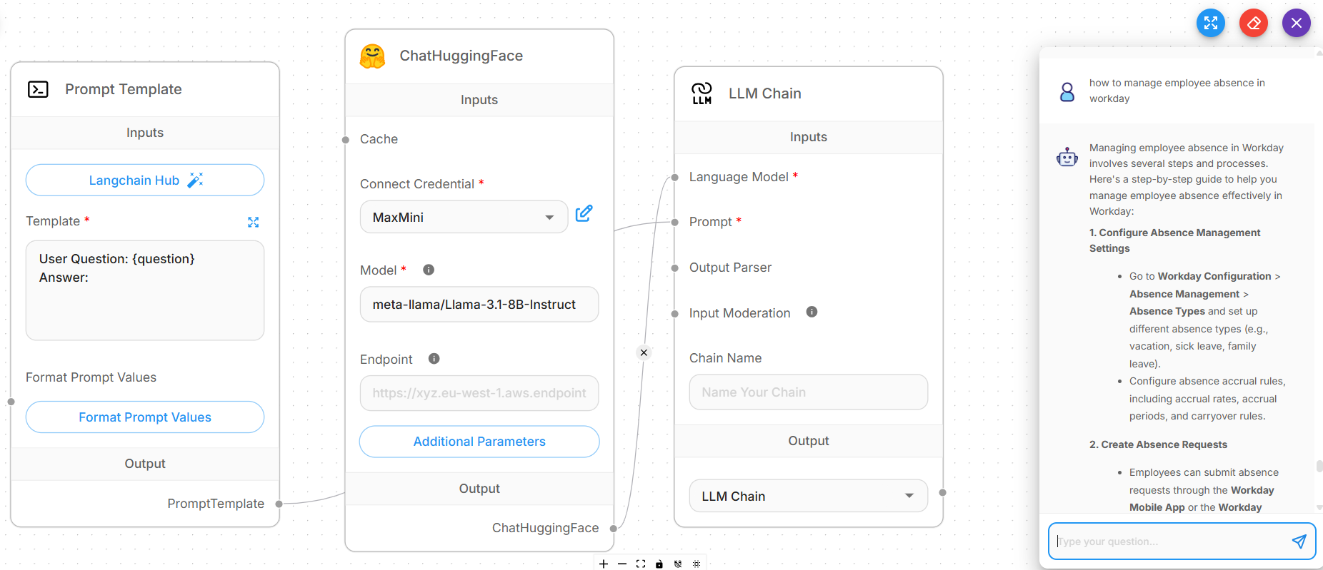Screenshot of an LLM Chain with ChatHuggingFace chat model.