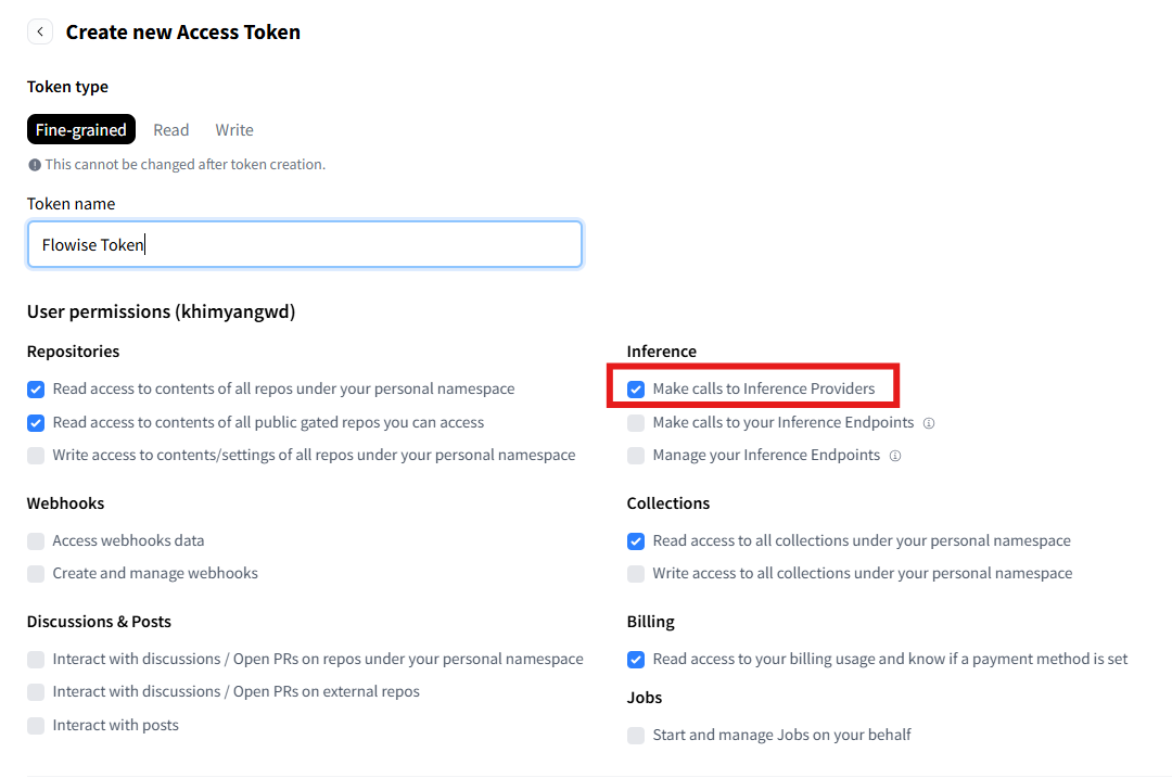 Screenshot of a Fine-Grained Hugging Face token creation page.