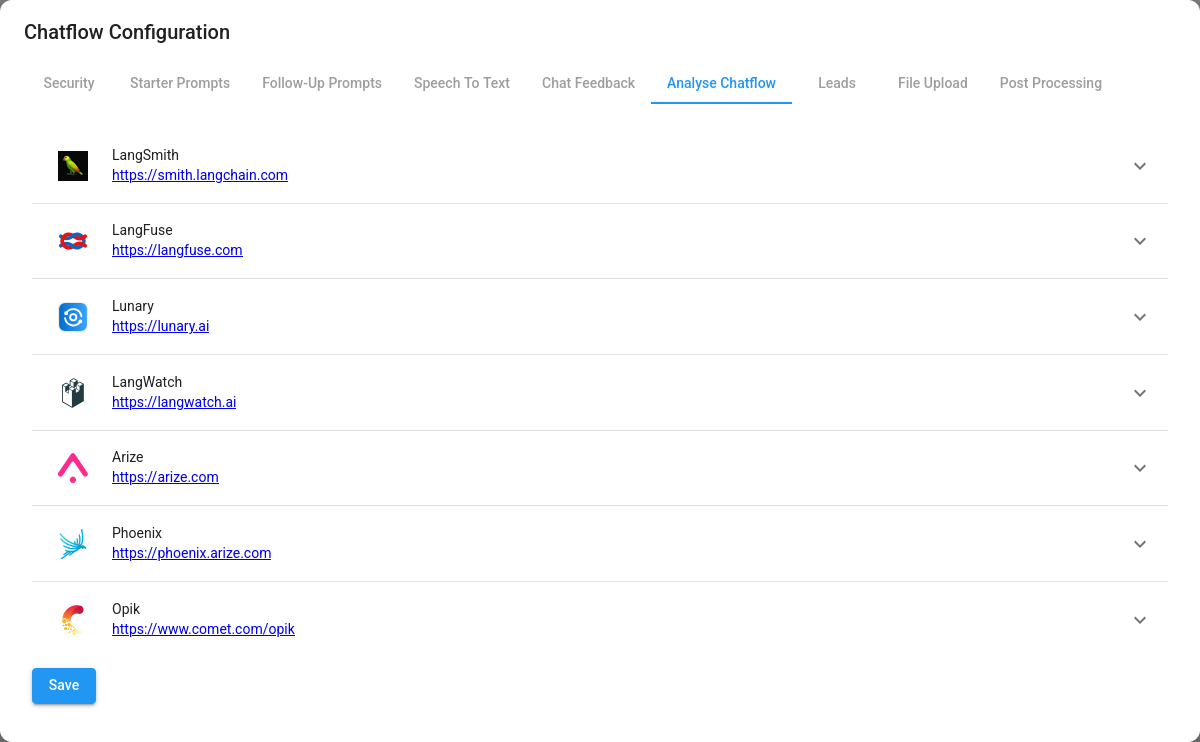 Screenshot of the Analyse Chatflow section with the different Analytics providers